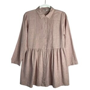 Uniqlo Pink Linen Pintuck Button Up Shirt Tunic Top Long Sleeve Baby Doll Peplum